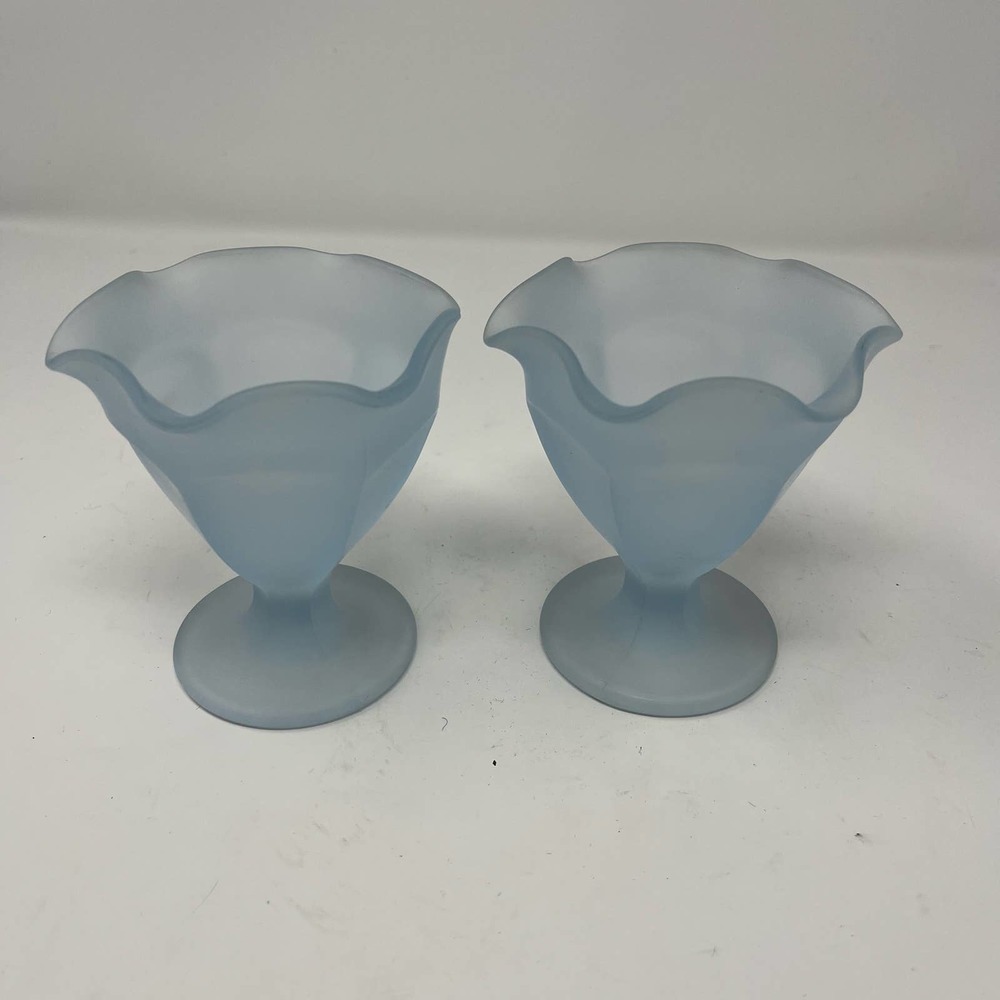 Vintage Indiana Glass Frosted Blue Sundae Dishes Tulip Glasses Set of 2